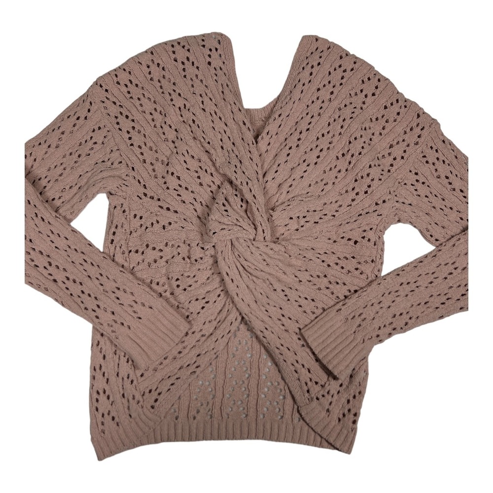 Poof Apparel Twist Front Sweater Womens Large Pink NWT Pointelle Knit 255618
